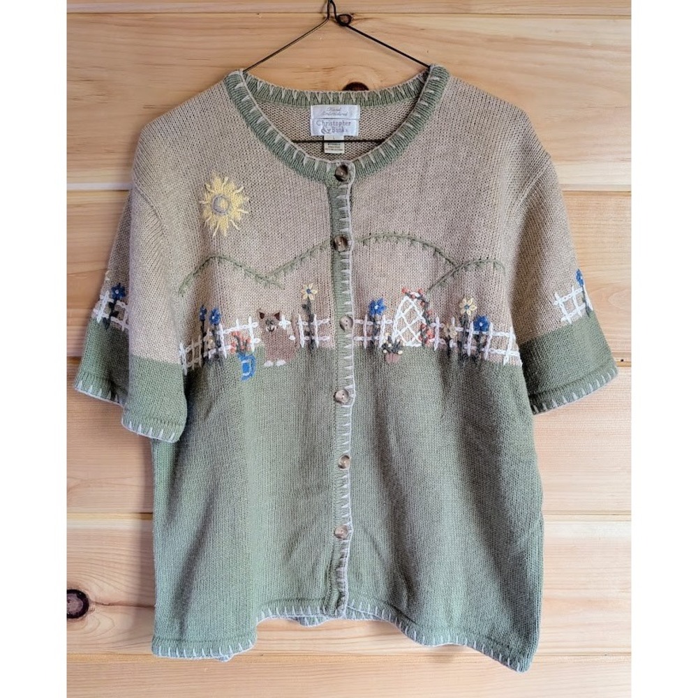 Christopher Banks Cardigan Womens L Garden Cat Hand Embroidered Y2K Vtg Spring - Picture 2 of 10